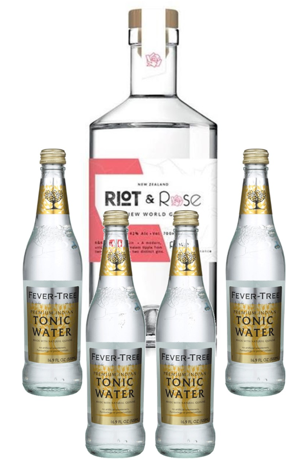 Riot & Rose “1920 Rose” Gin 700ml & Fever Tree Indian Tonic Water 4-pack