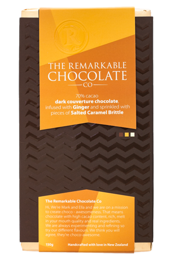 Remarkable Luxury 70% Chocolate Bar With Ginger & Salted Caramel